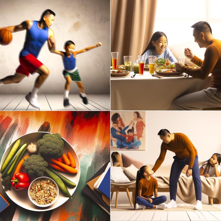 An image of a healthy, fit father playing sports with his children, eating a balanced meal, and openly discussing his mental health