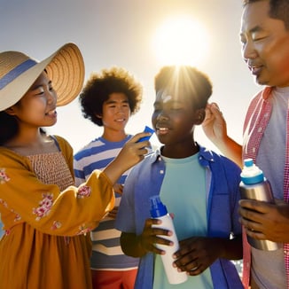 family applying sunscreen drinking hydrating beverages